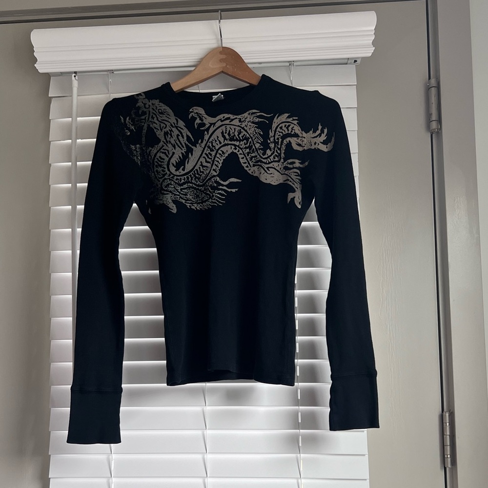 SOLD Dragon Waffle Knit Black Long Sleeve Shirt